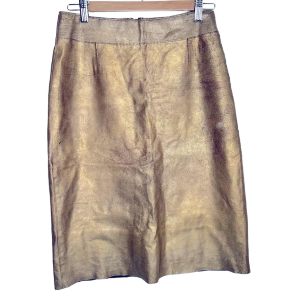 BCBG Max Azria Distressed Gold Leather Skirt 8